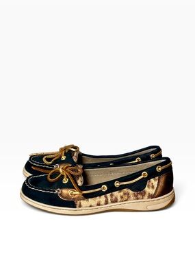 Sperry Angelfish Leopard Comfort Deck Boat Shoe Black, Tan, Bronze & Gold EUC